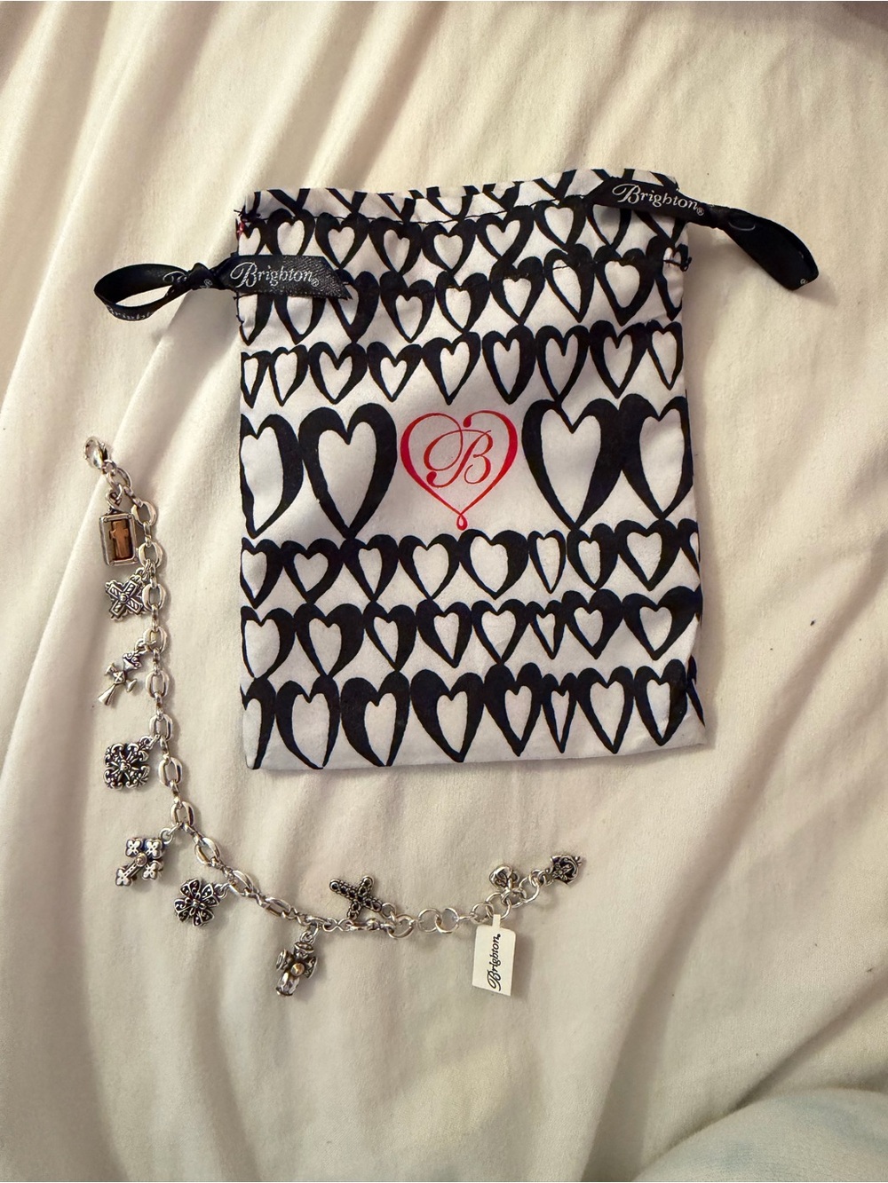 Brighton Black & White Heart Drawstring Pouch with Red Accent